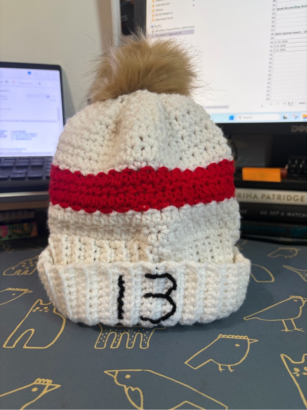 Womens Cream Knit Pom-Pom Beanie with Red Stripe